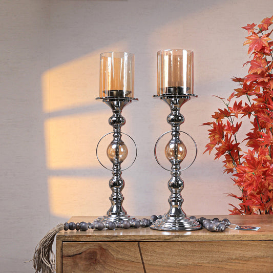Radiant Elegance Silver Candle Stand (Set of 2)