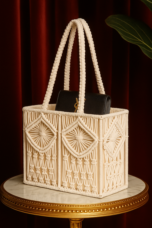 Handwoven White Macrame Storage Basket with Handles