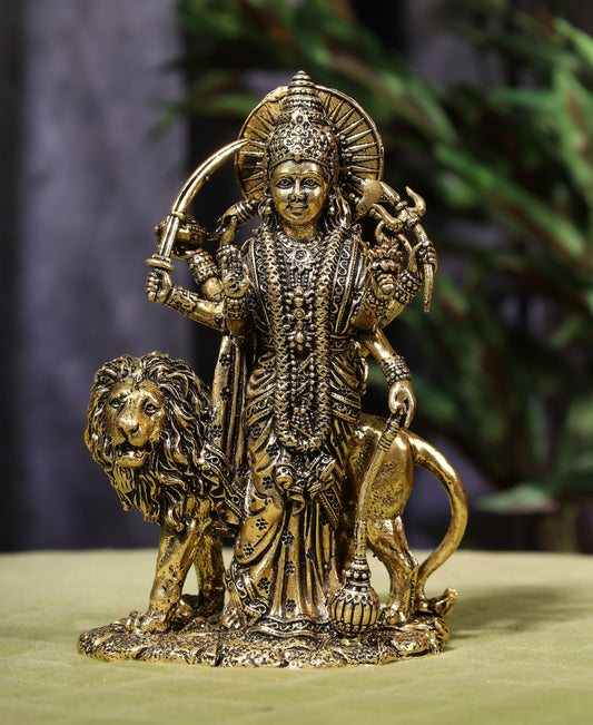 Superfine Brass Goddess Durga Idol with Lion ON ROCK