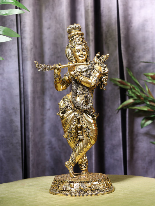 Super Fine  Brass Krishna Standing On Pedestal 13''