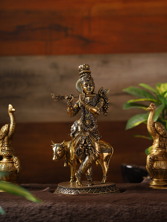 SuperFine Brass Lord Krishna Idol With Cow 8''