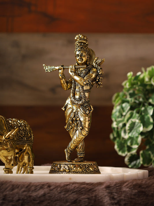 Super Fine  Brass Krishna Standing On Pedestal 8''
