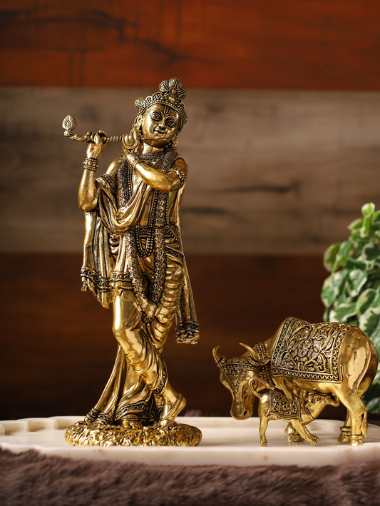 SuperFine Brass Krishna Standing On A Rock 10''