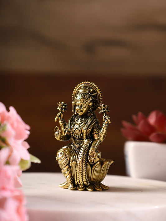 SuperFine Brass Lakshmi Idol sitting on lotus 3''