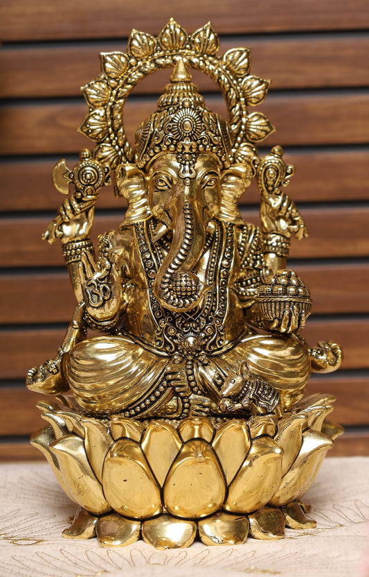 Superfine Brass Lord Ganesha Idol Sitting on Lotus Base6''
