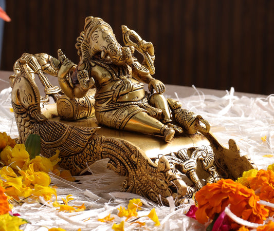 Brass Reclining Ganesh Ji Idol Relaxing on Aasan8.5''
