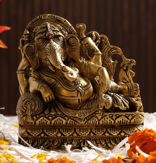Brass Lord Ganesha Reclining on Royal Throne