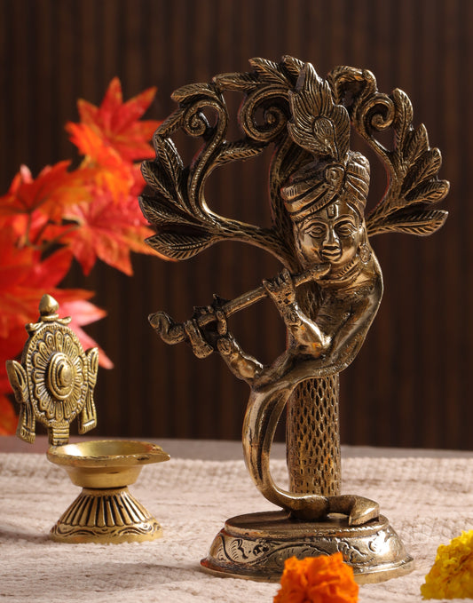 Pure Brass Lord Krishna Idol Under Tree