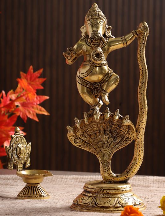 Brass Ganesh Ji Idol Standing on Snake